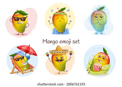 Cute mango characters set isolated. Fiesta, pop corn, cool, chill, yoga, frozen. Emoji stickers with mango.