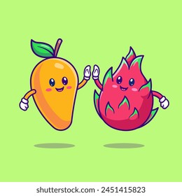 Cute Mango And Dragon Fruit High Five Cartoon Vector Icon Illustration. Food Nature Icon Concept Isolated Premium Vector. Flat Cartoon Style