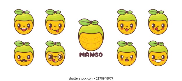 dibujos animados de frutas de mango lindo. ilustración vectorial de fruta fresca. icono, emoticonos, dibujos animados. aislado en un fondo blanco