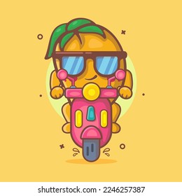 cute mango fruit character mascot riding scooter motorcycle isolated cartoon in flat style design 