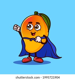 Cute Mango fruit character with Super hero costume and try to fly. Fruit character icon concept isolated. Emoji Sticker. flat cartoon style Vector