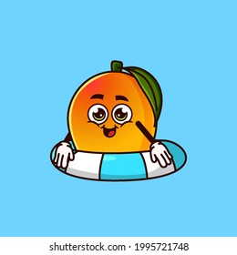 Cute Mango fruit character with swim ring float. Fruit summer icon concept isolated. flat cartoon style Premium Vector