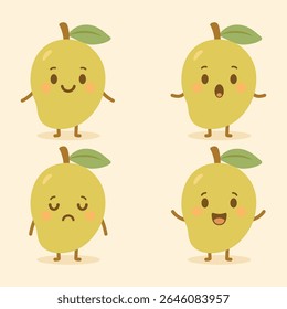 Cute mango fruit characters with various expressions: smiling, surprised, sad, and happy. Ideal for kawaii designs, stickers, kids' projects, or fun food illustrations.