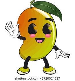 Mango lindo fruta mascota personaje de dibujos animados ilustración de la onda aislada mano, trabajo de dibujado a mano