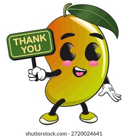 Ilustración de dibujos animados del personaje de la mascota de la fruta del mango lindo aislado que lleva un cartel que dice gracias, trabajo de dibujado a mano