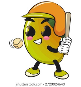 cute mango fruit mascot character cartoon illustration isolated playing baseball ready to hit the ball with the bat, work of hand drawn