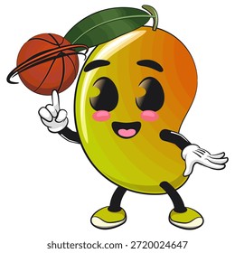 cute mango fruit mascot character cartoon illustration isolated spin the basketball with the index finger, work of hand drawn