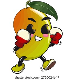 cute mango fruit mascot character cartoon illustration isolated practicing boxing wearing boxing glove, work of hand drawn