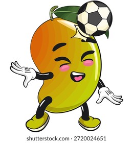 cute mango fruit mascot character cartoon illustration isolated heading a soccer or football, work of hand drawn