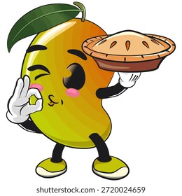 Ilustración de dibujos animados del personaje de la mascota de la fruta del mango linda aislada que lleva la torta de la paga mientras que da una señal deliciosa, trabajo de la mano dibujada