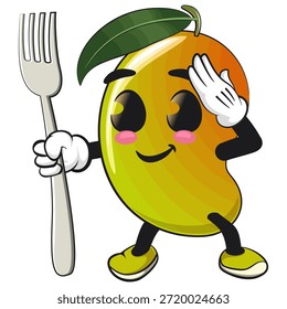 cute mango fruit mascot character cartoon illustration isolated carrying a fork while greeting, work of hand drawn