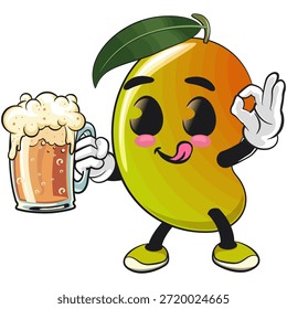 Ilustración de dibujos animados del personaje de la mascota de la fruta del mango lindo aislado levanta un vaso Grande de cerveza, trabajo de dibujado a mano