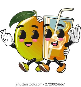 Lindo mango fruta mascota personaje de dibujos animados ilustración aislada caminando con un vaso de jugo, trabajo de dibujado a mano