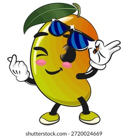 Lindo mango fruta mascota personaje de dibujos animados ilustración aislada gafas de sol de apertura mientras da una señal de amor, trabajo de dibujado a mano