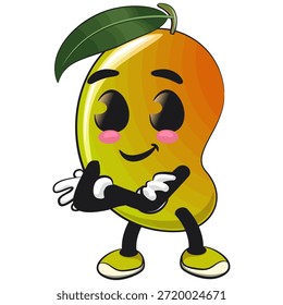 cute mango fruit mascot character cartoon illustration isolated folding his arms calmly, work of hand drawn