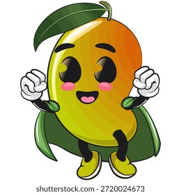 cute mango fruit mascot character cartoon illustration isolated as flying superhero wearing a robe, work of hand drawn