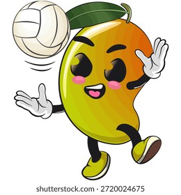 Ilustración de dibujos animados del personaje de la mascota de la fruta del mango lindo aislado sirve voleibol, trabajo de dibujado a mano