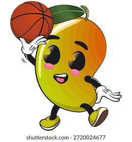 cute mango fruit mascot character cartoon illustration isolated playing basketball, work of hand drawn