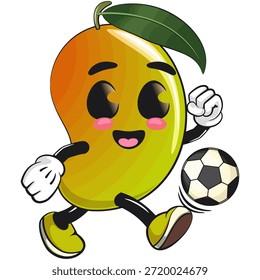cute mango fruit mascot character cartoon illustration isolated playing football or soccer, work of hand drawn