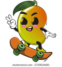 cute mango fruit mascot character cartoon illustration isolated jumping on a skateboard and giving a peace sign, work of hand drawn