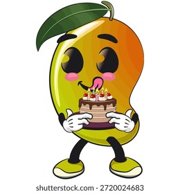 cute mango fruit mascot character cartoon illustration isolated bring a birthday cake, work of hand drawn