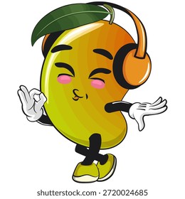 cute mango fruit mascot character cartoon illustration isolated listening to headset while dancing, work of hand drawn