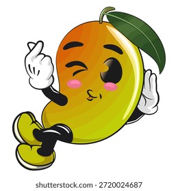 Ilustración de dibujos animados del personaje de la mascota de la fruta del mango lindo aislado acostado dulcemente mientras que da una señal de amor, trabajo de dibujado a mano