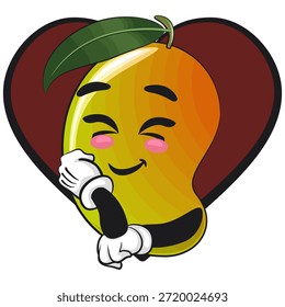 Ilustración de dibujos animados del personaje de la mascota de la fruta del mango lindo aislado sonriendo que posa delante de un corazón grande, trabajo de dibujado a mano