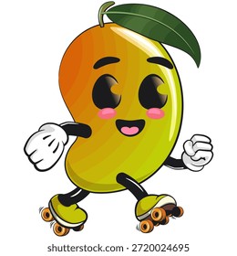 cute mango fruit mascot character cartoon illustration isolated playing roller skating, work of hand drawn