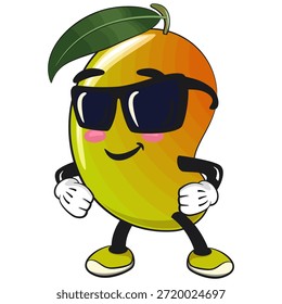 cute mango fruit mascot character cartoon illustration isolated wearing sunglasses calmly, work of hand drawn