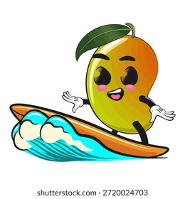 cute mango fruit mascot character cartoon illustration isolated surfing riding the waves, work of hand drawn