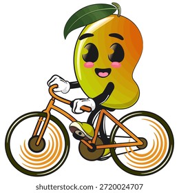 cute mango fruit mascot character cartoon illustration isolated enjoy riding a bike, work of hand drawn