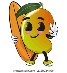 Ilustración linda de la historieta del carácter de la mascota de la fruta del mango aislada con la tabla de surf y dio un signo de la paz, trabajo de dibujado a mano