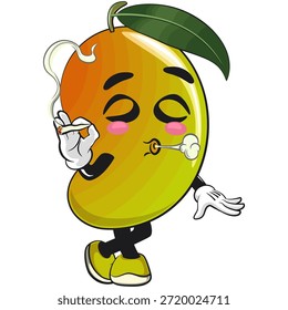 Ilustración de dibujos animados del carácter de la mascota de la fruta del mango lindo humo aislado con calma, trabajo de dibujado a mano