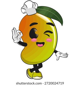 cute mango fruit mascot character cartoon illustration isolated as chef give oke sign, work of hand drawn