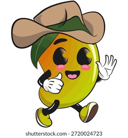 Lindo mango fruta mascota personaje de dibujos animados ilustración aislada caminando con el uso de un sombrero de vaquero, trabajo de dibujado a mano