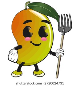 Ilustración linda de la historieta del carácter de la mascota de la fruta del mango aislada como granjero en sombrero con su tenedor, trabajo de la mano dibujada