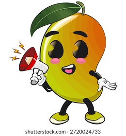 Ilustración de dibujos animados del personaje de la mascota de la fruta del mango lindo aislado gritando con un altavoz, trabajo de dibujado a mano
