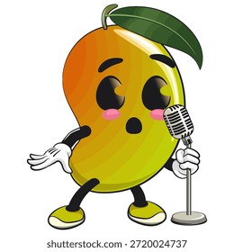 cute mango fruit mascot character cartoon illustration isolated on front of the mic, work of hand drawn