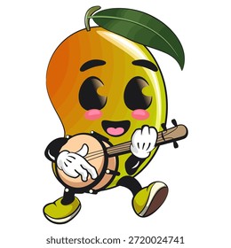 Ilustración linda de la historieta del carácter de la mascota de la fruta del mango aislada que juega el banjo, trabajo de la mano dibujada