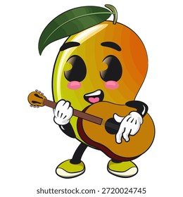 Lindo mango fruta mascota personaje de dibujos animados ilustración aislada tocando la guitarra, trabajo de dibujado a mano
