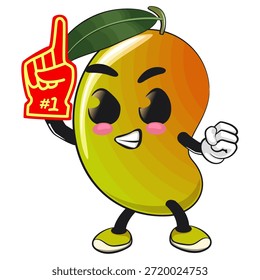 cute mango fruit mascot character cartoon illustration isolated raise foam finger, work of hand drawn