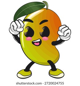 ilustração de desenho animado bonitinho mascote de frutas de manga isolado animado socando para cima, trabalho de mão desenhada