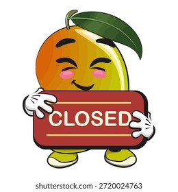 Ilustración de dibujos animados del personaje de la mascota de la fruta del mango linda aislada que muestra un signo que dice cerrado, trabajo de dibujado a mano