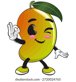 Ilustración linda de la historieta del carácter de la mascota de la fruta del mango aislada dando una señal aceptable, trabajo de la mano dibujada