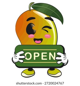 Ilustración de dibujos animados del personaje de la mascota de la fruta del mango lindo aislado que muestra un signo que dice abierto, trabajo de dibujado a mano