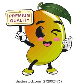 cute mango fruit mascot character cartoon illustration isolated with a sign premium quality, work of hand drawn