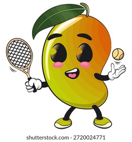 cute mango fruit mascot character cartoon illustration isolated playing tennis, work of hand drawn
