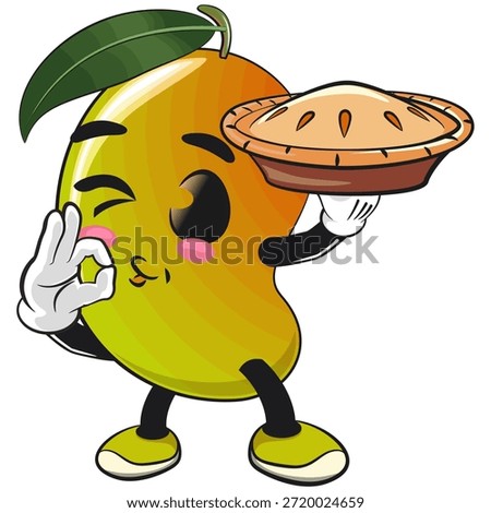 cute mango fruit mascot character cartoon illustration isolated carrying pay cake while giving a delicious sign, work of hand drawn