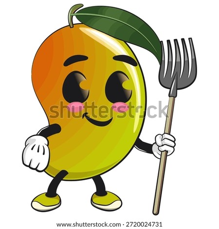 cute mango fruit mascot character cartoon illustration isolated as farmer in hat with her fork, work of hand drawn